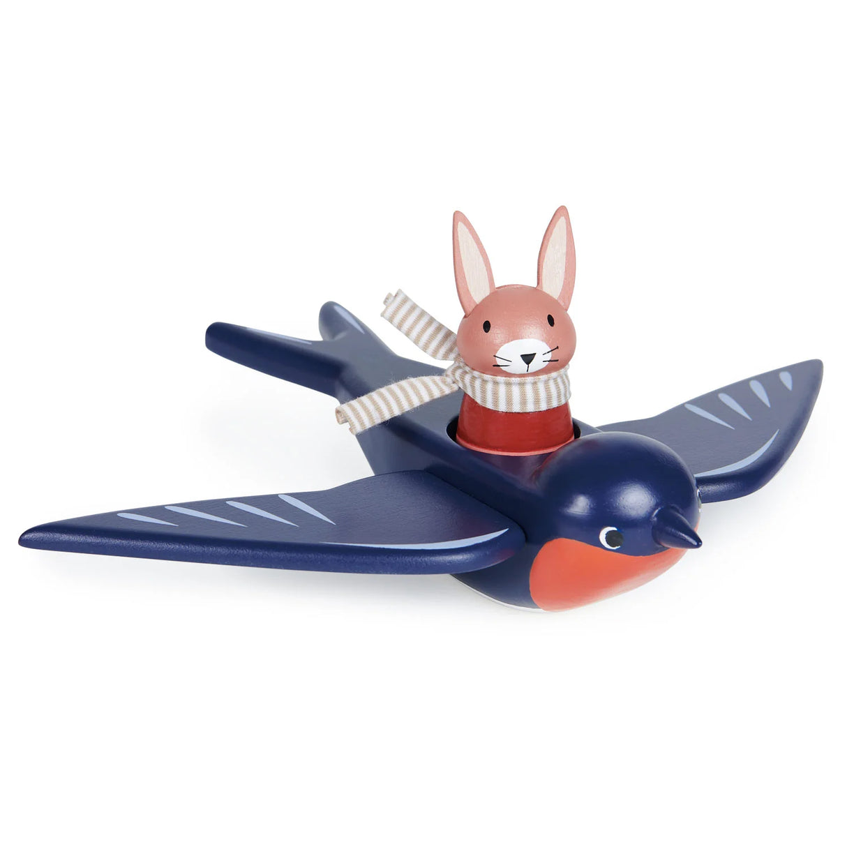 Swifty Bird wooden toy with Spud the pilot Hare wearing a fabric scarf, perfect for imaginative play.