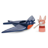 Swifty Bird wooden swallow with removable Hare pilot Spud wearing fabric scarf for imaginative play.
