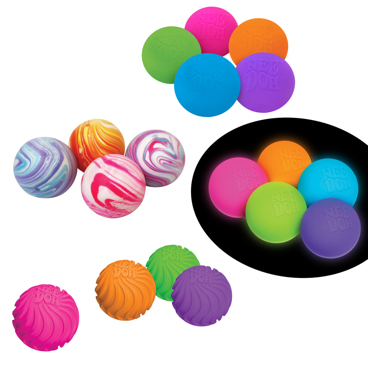 Colorful assorted NeeDoh Teenie! stress balls in mini sizes, including glow in the dark and swirl patterns.