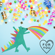 Treehouse Toys Gift Card featuring colorful dinosaur illustration with rainbow and party confetti background