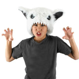 Child wearing the Yeti Soft Hat with white fur, black eyes, foam rubber teeth, and adjustable velcro strap.