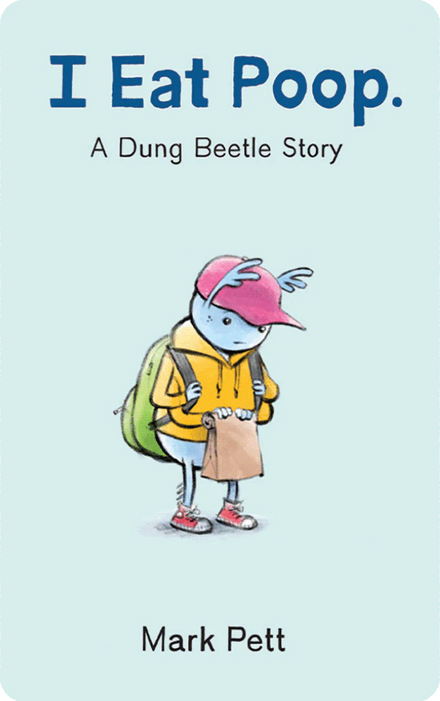Yoto | I Eat Poop book cover showing a dung beetle character with a backpack and lunch bag.