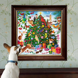 Dog looking at a framed puzzle of a Christmas tree decorated with colorful songbirds and festive ornaments