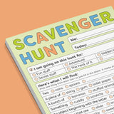 Scavenger hunt pad for kids with checklists and spaces to fill in items to find during indoor or outdoor treasure hunts.
