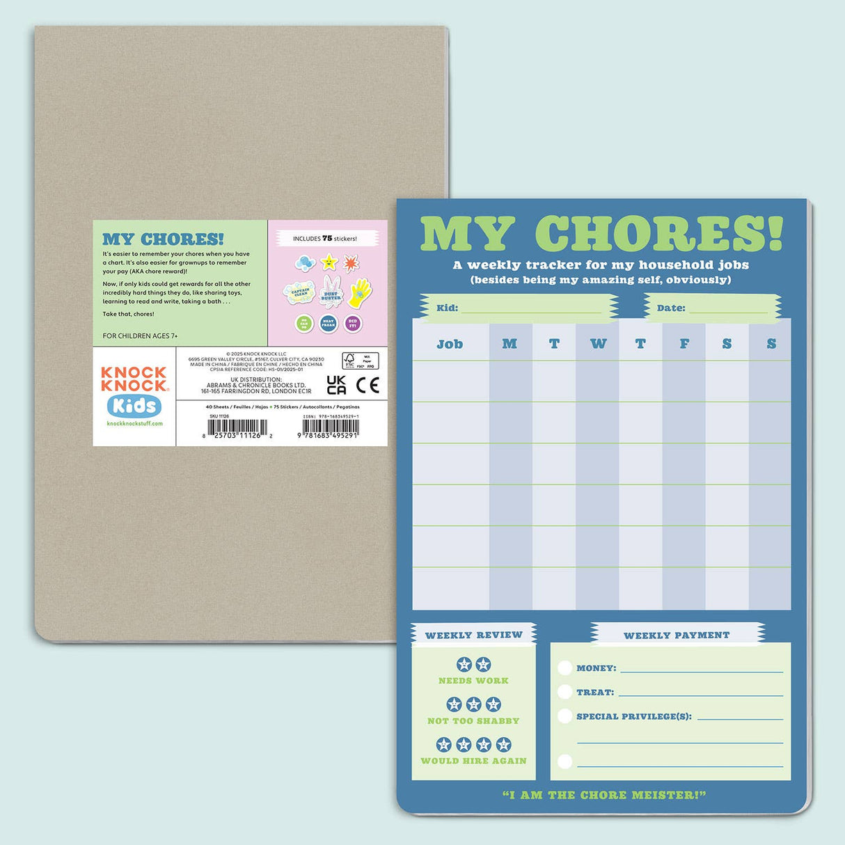 Chore chart for kids with weekly task tracker, reward section, and colorful stickers on a 6 by 9-inch pad