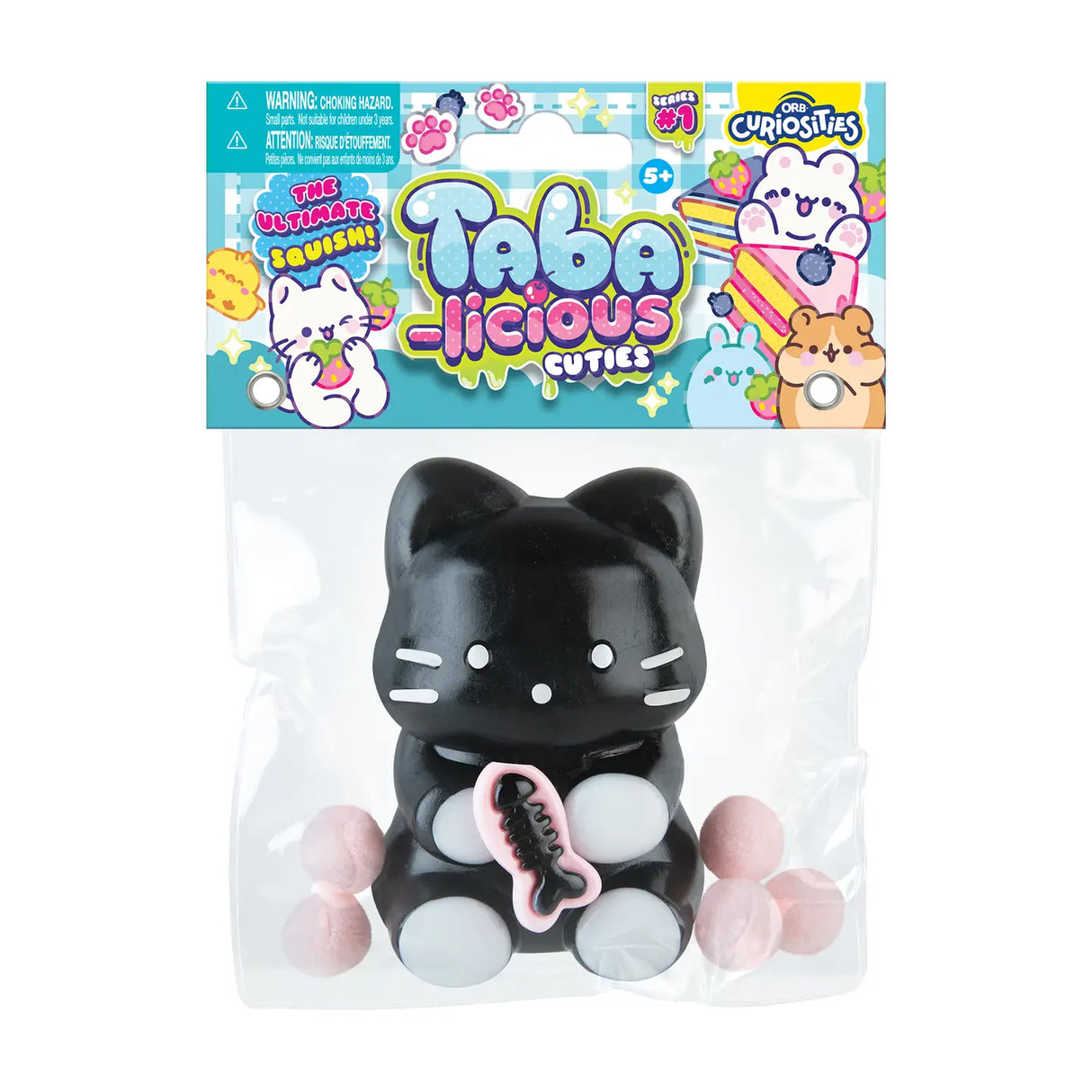 Taba-licious Cuties Squishy black cat holding pink fish toy in clear packaging with colorful label
