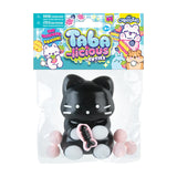 Taba-licious Cuties Squishy black cat holding pink fish toy in clear packaging with colorful label
