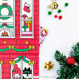 Hello Kitty And Friends Christmas Sticker Advent Calendar with festive red brick design, countdown flaps, and holiday decorations.
