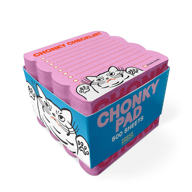 Pink scalloped notepad with playful cat illustration and checklist lines stacked in a blue box labeled Chonky Pad