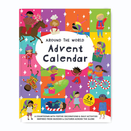 Front of "Around the World Advent Calendar: A Countdown with Festive Decorations & Daily Activities Inspired From Buddies & Cultures Across the Globe". Features bright colors and cartoon depictions of children celebrating.