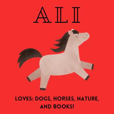 Illustration of a smiling brown horse with black mane and tail on a bright red background.