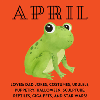 Illustration of a green frog with large eyes on an orange background with April text and playful interests listed below.