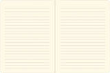 Open pages of a locking diary featuring smooth, lightly lined cream-colored paper designed for creative writing.