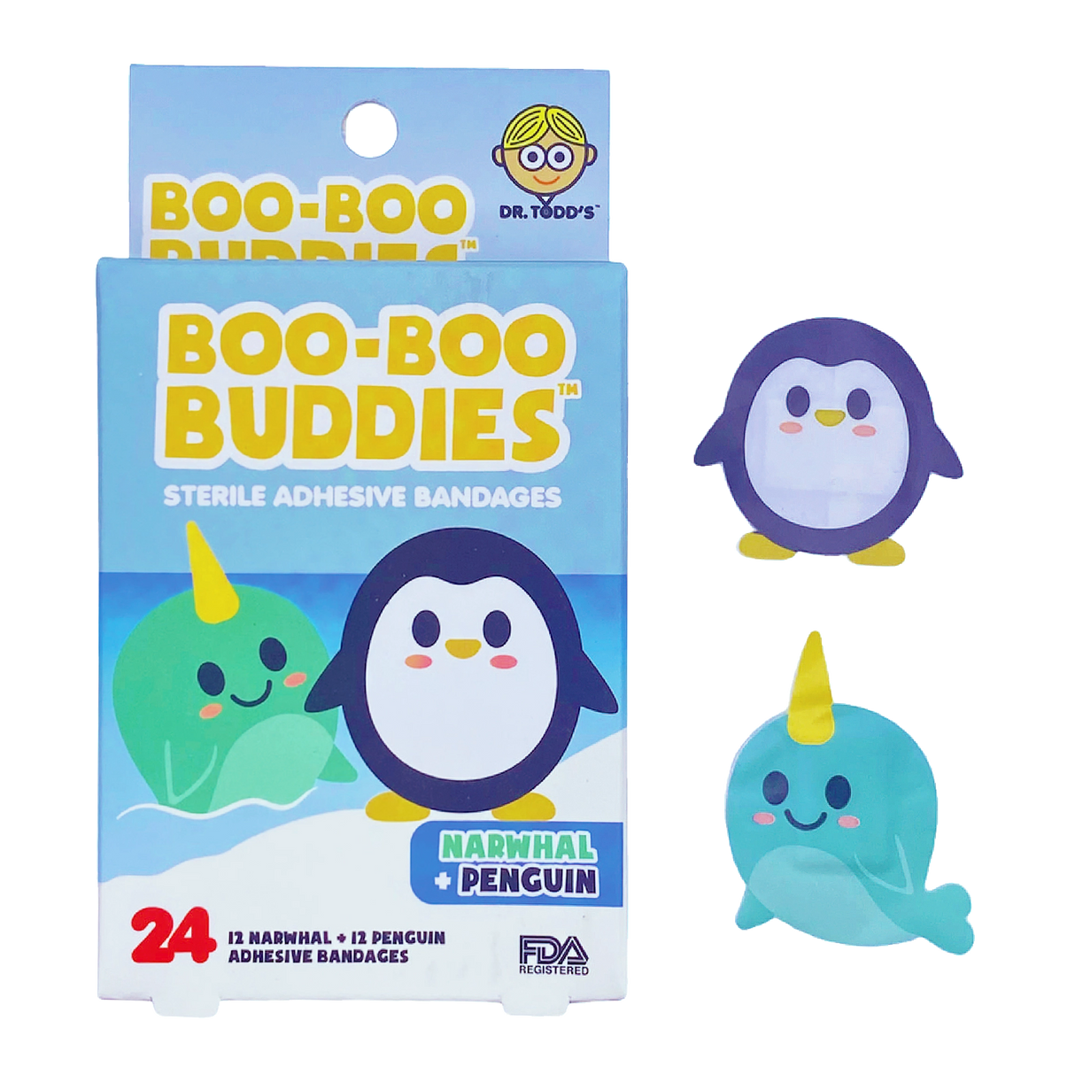 Narwhal & Penguin Bandages box with 24 sterile hydrocolloid adhesive bandages shaped like narwhals and penguins.