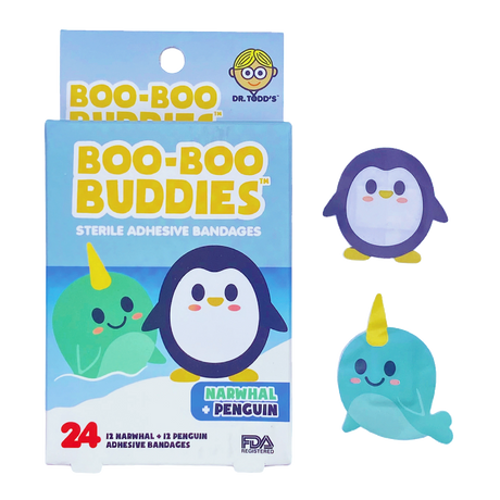 Narwhal & Penguin Bandages box with 24 sterile hydrocolloid adhesive bandages shaped like narwhals and penguins.