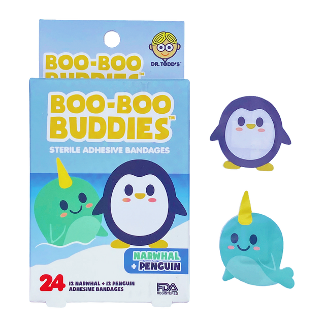 Narwhal & Penguin Bandages box with 24 sterile hydrocolloid adhesive bandages shaped like narwhals and penguins.