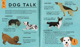 Open book titled Dog Talk showing illustrations and descriptions of dog body language and behavior for kids learning about animals