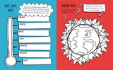 Two-page children’s activity showing thermometer feelings scale and world outline to color in shades of red emotions.
