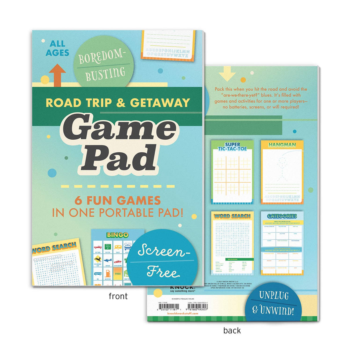 Road Trip Getaway Game Pad with six fun screen-free games for kids, perfect for travel and family car trips.