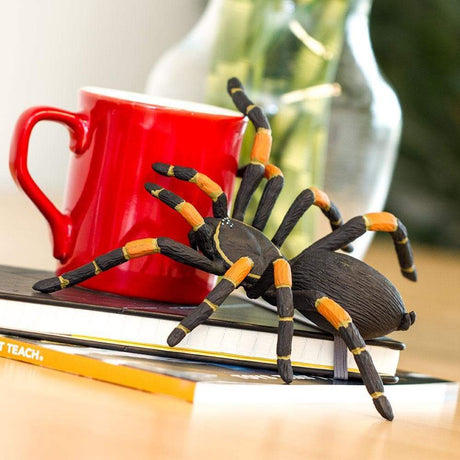 Orange-Kneed Tarantula model with black body and orange leg joints next to a red mug on a stack of books.