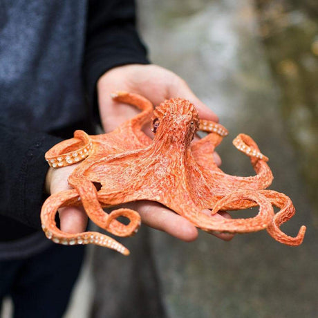 Giant Pacific Octopus model held in hands showing detailed arms, suction cups, and natural reddish-orange color.
