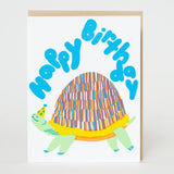 Happy Birthday Turtle Card featuring a colorful turtle with a party hat and playful blue lettering.