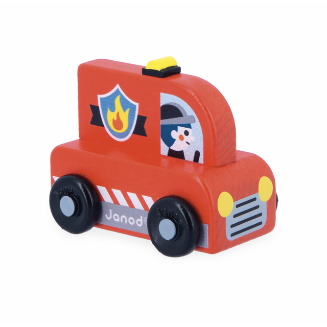 Crossroads City Fire Truck wooden toy in red with firefighter driver and black wheels for toddlers 12 months and up.