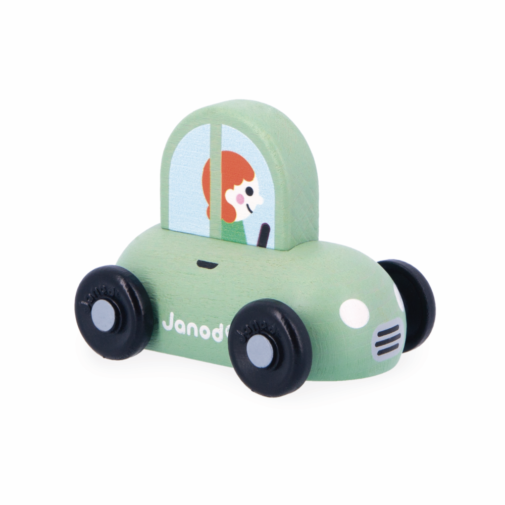 Crossroads City Sports Car wooden toy in green with black wheels, designed for children aged 12 months and up.