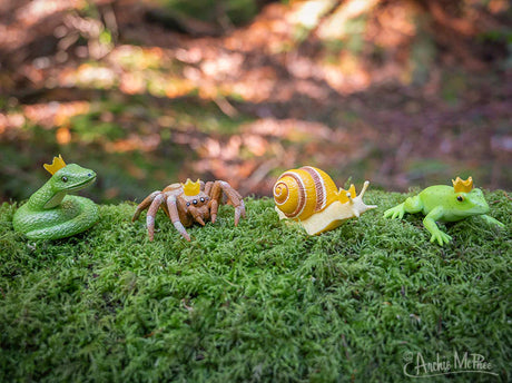 Crowned Critter soft vinyl frog, spider, snail, and frog with crowns on green moss in outdoor setting.