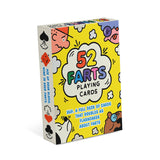 Colorful box of 52 fart-themed playing cards featuring playful cartoon illustrations and humorous text on a yellow background