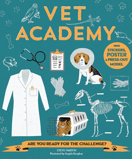 Cover of Vet Academy kids book with animals, veterinary tools, and educational activities for young animal lovers