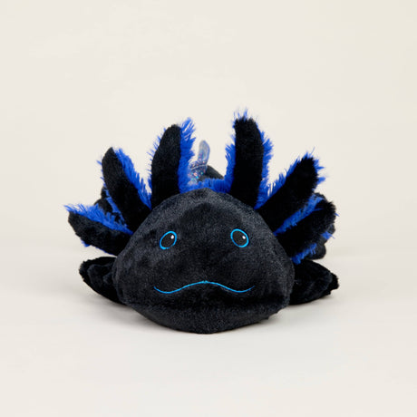 Soft black axolotl plush with blue accents, microwavable for warmth, scented with real dried lavender for comfort.