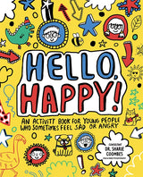Colorful cover of a children's activity book titled Hello Happy with playful drawings and faces on a yellow background