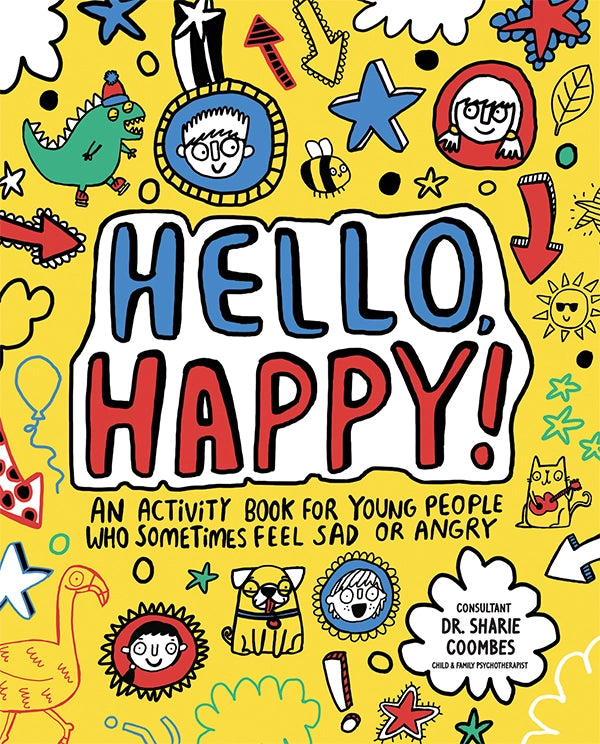 Colorful cover of a children's activity book titled Hello Happy with playful drawings and faces on a yellow background