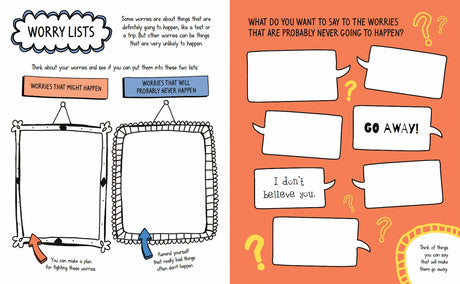 Open activity book for kids with worry lists and prompts to challenge anxious thoughts and encourage positive self-talk