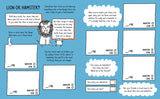 Open activity book page titled Lion or Hamster with spaces for drawing and rating fears as either lion or hamster in a playful blue layout