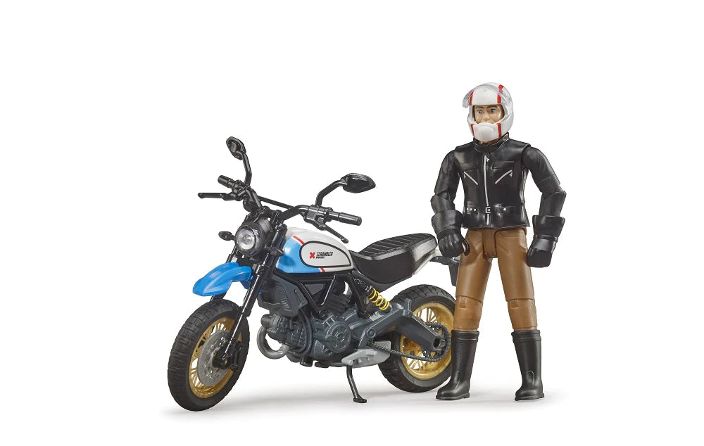 Scrambler Ducati Desert Sled & Driver toy with steerable motorcycle, rider in helmet and gloves, realistic off-road details.