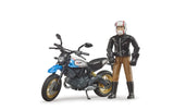 Scrambler Ducati Desert Sled & Driver toy with steerable motorcycle, rider in helmet and gloves, realistic off-road details.