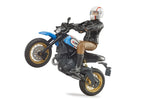 Scrambler Ducati Desert Sled & Driver toy showing rider in helmet on a blue and black off-road motorcycle model.