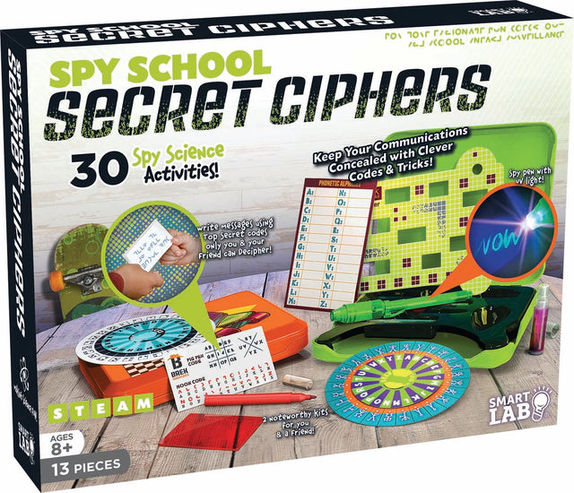 Spy School Secret Ciphers kit with code wheels, UV pens, red filters, and tools for secret messages and spy science activities.