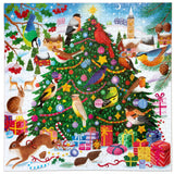 Festive Christmas tree puzzle featuring colorful songbirds, presents, and snowy village scene in vibrant holiday colors