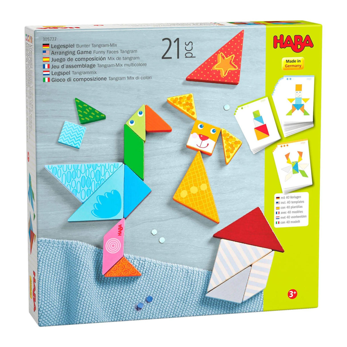 Colorful wooden tangram puzzle pieces with funny faces forming a bird, dog, and house on a play surface.