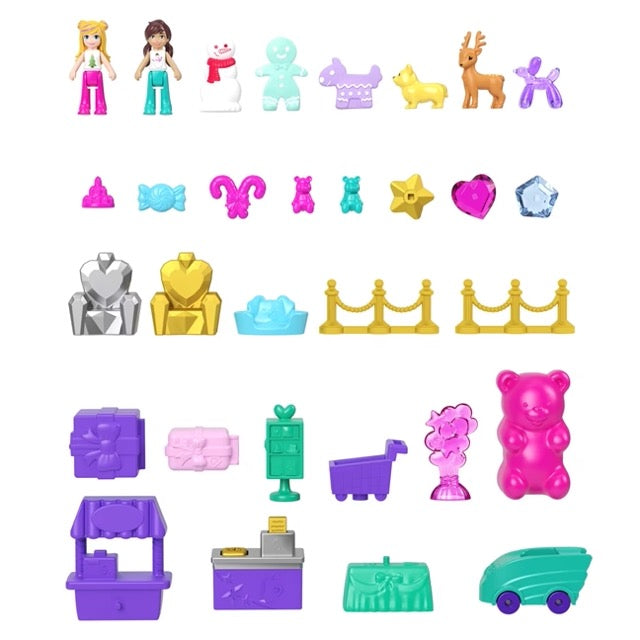 Polly Pocket Advent Calendar with 25 tiny surprise toys including dolls, animals, and holiday-themed accessories.