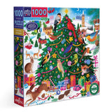 Colorful Christmas tree adorned with songbirds surrounded by presents and winter animals on a 1000-piece puzzle box.