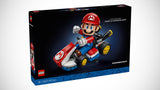 LEGO Mario Kart Mario & Standard Kart display model with posable Mario figure and detailed kart on a special stand.