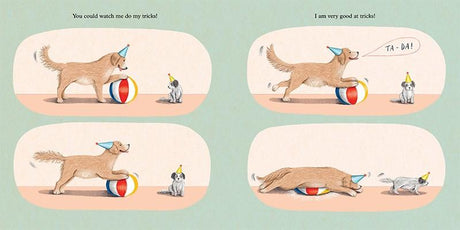 Illustration of a big dog and small dog wearing party hats playing with a ball in four playful scenes