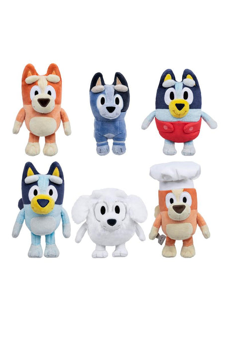 Bluey Character Series 10 plush toys featuring Bluey, Bingo, Socks, Lila, Baby Bluey, and Chef Bingo in assorted styles.