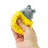 Hand holding Peek A Boo Mouse toy of gray mouse popping out of yellow cheese for kids ages 3 and up