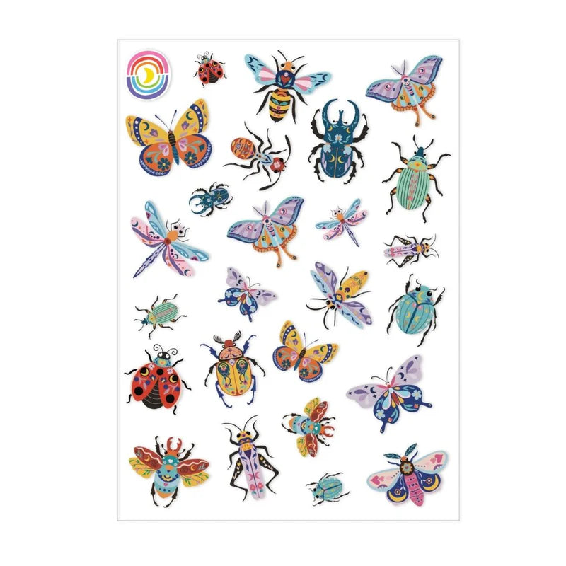 This sticker sheet measuring 4.25" x 5.8" features 25 stickers of beetles, butterflies, bees, moths, and more, all with stylish prints and patterns.
