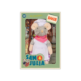 Sam & Julia | The Baker plush mouse wearing a baker's hat, dress, and apron in packaging.